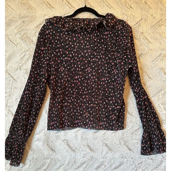 MNG Mango Pleated Floral Blouse Relaxed V-Neck Black Cottage Women Medium - Picture 11 of 11